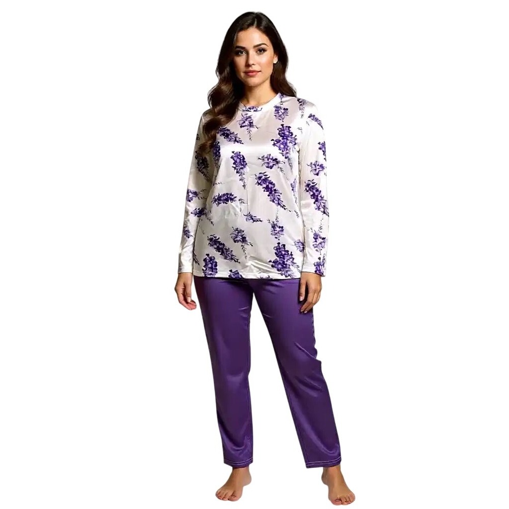 Women Purple Floral Wisteria Outfit Set Long Sleeve Tunic and Pants NEW